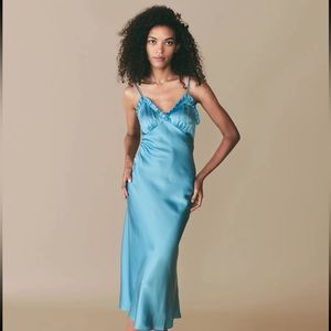 ✨🦋DÔEN ‘Sandia’ Silk Satin Plunging Maxi Dress Blue Topaz XS 🤝Reserved 🤝